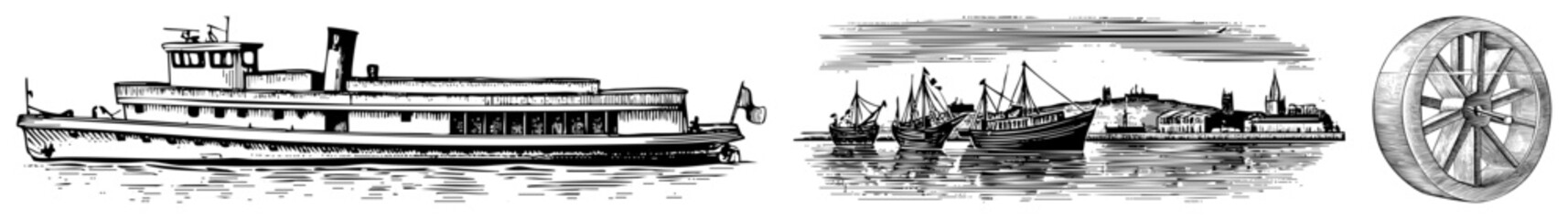 Obraz premium Classic maritime collection showing a river, old sailing vessels, and a wooden helm. This engraving depicts a coastal town harbor with nautical gear like a mariners wheel.