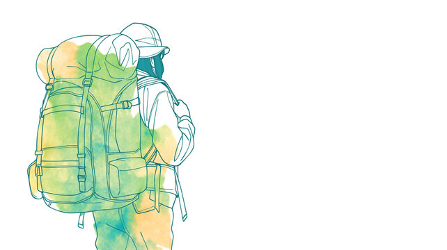 バックパッカーが登山や旅行へ向かう姿を描いた手描き風イラスト。アウトドア、休日、ハイキング、トレッキング、自然散策、山歩き、旅人、リュック、荷物、歩行、移動、冒険、キャンプ、レジャー、一人旅、若者、全身、横向き、シンプル、ナチュラル、旅行準備、屋外活動、健康、ライフスタイル、ブログ、広告、SNS、ポスター、案内用に使いやすい人物素材。旅行記事、登山案内、観光広告、SNS投稿にも便利な人物素材向け。