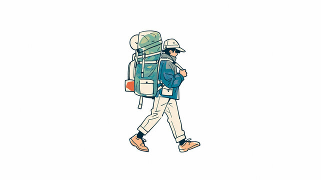 バックパッカーが登山や旅行へ向かう姿を描いた手描き風イラスト。アウトドア、休日、ハイキング、トレッキング、自然散策、山歩き、旅人、リュック、荷物、歩行、移動、冒険、キャンプ、レジャー、一人旅、若者、全身、横向き、シンプル、ナチュラル、旅行準備、屋外活動、健康、ライフスタイル、ブログ、広告、SNS、ポスター、案内用に使いやすい人物素材。旅行記事、登山案内、観光広告、SNS投稿にも便利な人物素材向け。