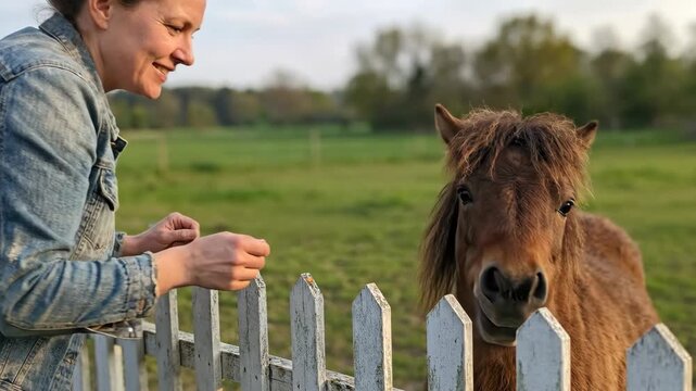 Woman feeding pony through fence in rural field, outdoor animal interaction and smiling farm scene