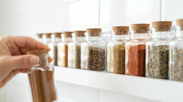Hand holding spice jar on kitchen shelf, glass bottle with cork stopper, cinnamon herb home storage organization focus