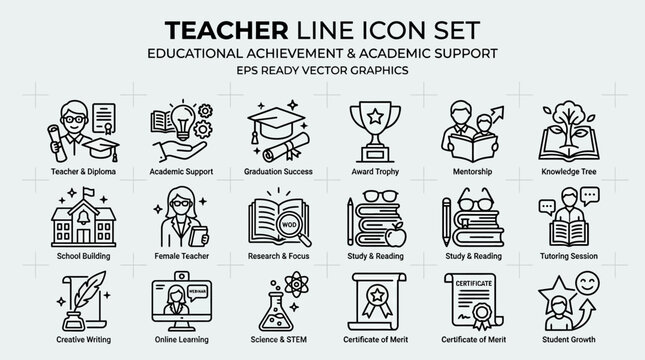 Teacher line icons for education.