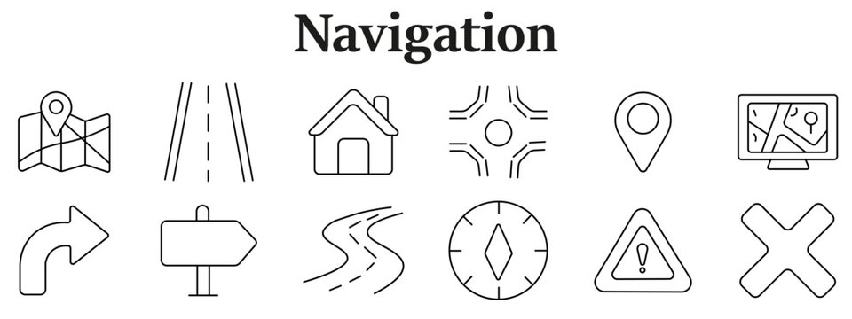 Navigation direction set icon. Map with pin, straight road, house marker, round junction, location pin, screen map, curved arrow, signboard, winding road, compass, warning sign