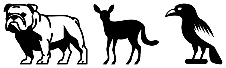 Obraz premium Minimalist collection featuring a sturdy bulldog, a slender hound, and a dark raven. These animal silhouettes, including a pup and a corvid, showcase bold graphic shapes.