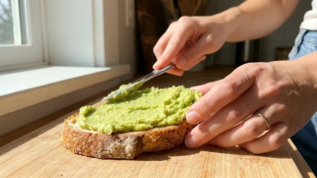 Avocado bread spread with hand and knife making toast in kitchen near window light for SEO search friendly title