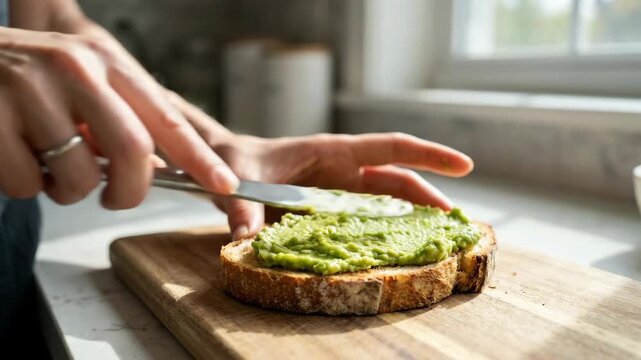Slice bread with avocado paste cutting board bright kitchen, avocado toast bread hand spread kitchen window sunlight