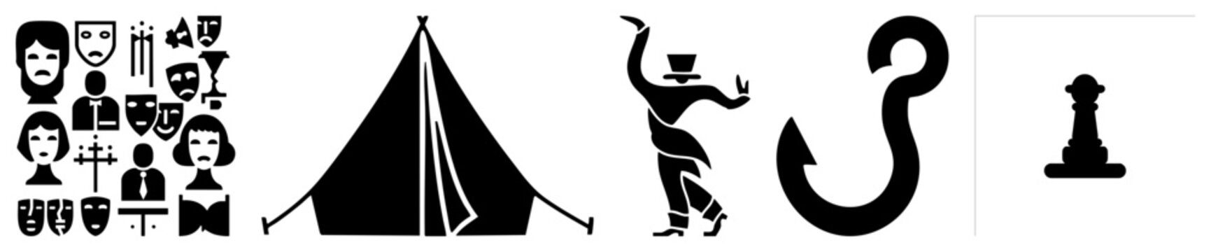 Collection of black glyphs including comedy drama masks, a simple teepee, a dancing man, a fishing hook, and a queen piece. These minimalist silhouettes provide versatile graphic elements.