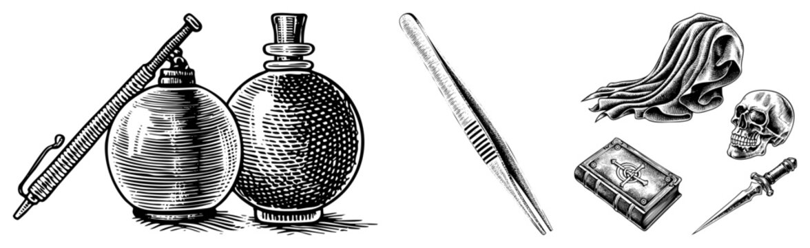Collection of mystical paraphernalia featuring an old grimoire, apothecary jars, and a human skull. These occult relics, including a ritual blade and a magic potion vessel, evoke ancient mystery.