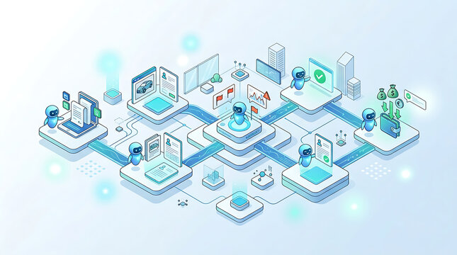 AI agent insurance claim workflow automating claim intake verification fraud detection approval and payout processing in clean isometric fintech and insurance technology illustration

