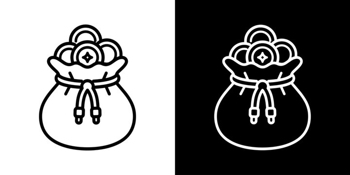 Medieval coin pouch icon, fantasy gold bag vector symbol for treasure, loot reward, currency and RPG game assets