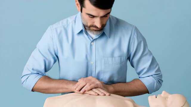 Static tracking slow motion tilt shot of man performing cpr chest compressions on training manikin in studio indoor medical training classroom with blue background