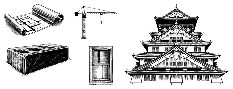 Detailed collection featuring a blueprint scroll, a construction crane, building blocks, a window frame, and a majestic or shiro. These architectural sketches capture structural essence.