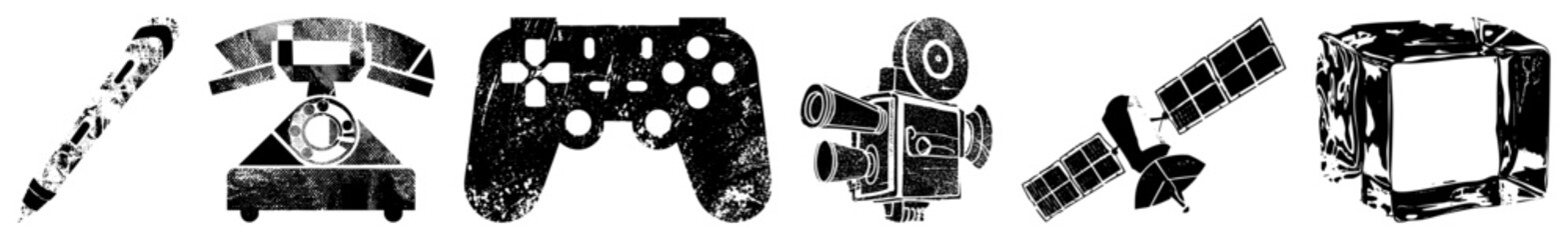 Obraz premium Collection of gritty stencil graphics featuring a rotary phone, game pad, and film camera. This distressed junk art set includes a satellite and a crumpled paper cube in high contrast.