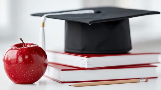 Static close up still shot of mortar board cap apple and stacked books resting on classroom desk in academic morning setting