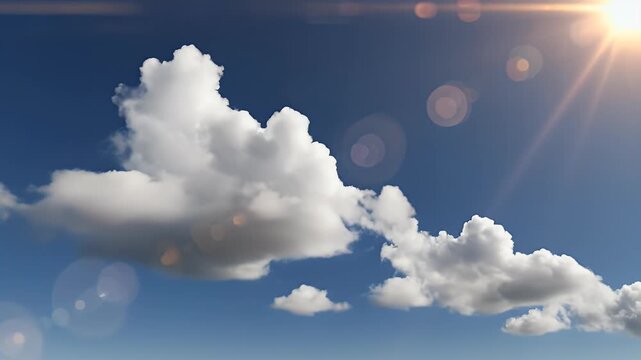 Bright sunbeams pierce through fluffy white clouds against a clear blue sky