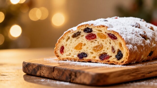 Sliced fruit bread on wooden board