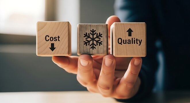 Hand holding wooden blocks showing cost reduction and improvement symbols, representing business efficiency and strategic management