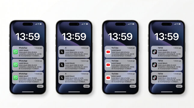 iPhone 16 Pro Max Mockup showing iOS Notification Center UI for Social Media Apps like WhatsApp, TikTok, YouTube and X. Mobile Application Interface Display Screen Alerts and Chat Message UI Frame.