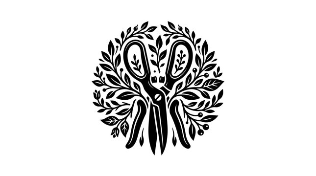 Scissors surrounded by leaves and branches.