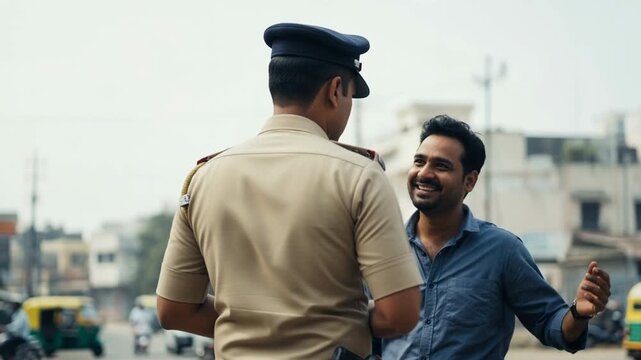Community policing officer in uniform talking with civilian on city street