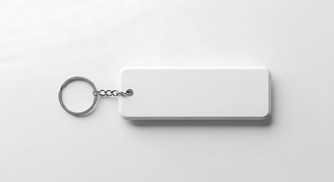 Minimalist top view of a blank rectangular white keychain with a metal ring and chain placed on a clean white background, ideal for mockups or branding presentations.