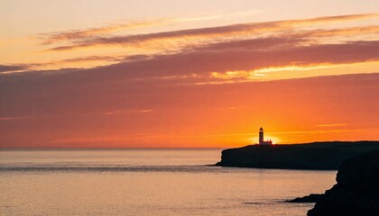 Fototapeta premium Majestic white lighthouse standing on a rugged coastal cliff edge against a vibrant orange and pink sunset sky over the calm ocean, ideal for travel and maritime themes.