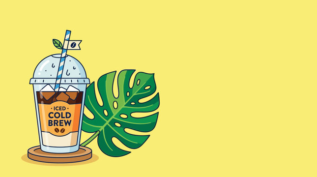 Iced cold brew coffee in a plastic cup with a monstera leaf on yellow background