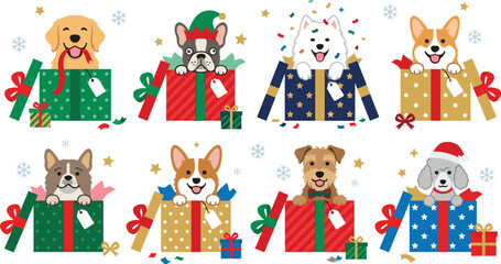 Naklejka premium Cute Cartoon Christmas Puppy Dogs in Gift Boxes Set Featuring Golden Retriever Corgi French Bulldog and Poodle for Holiday Celebrations