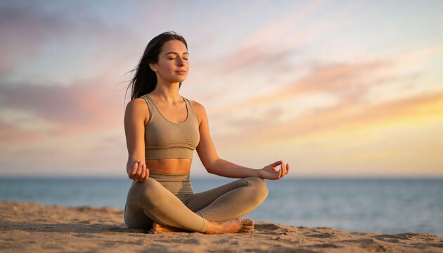 Young woman practicing meditation in a seated lotus pose on a sandy beach during a beautiful sunset, focusing on mindfulness, mental health, and wellness for a healthy lifestyle.