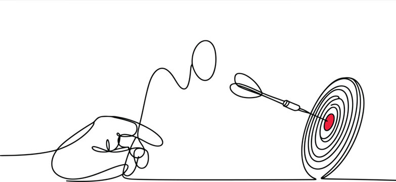 Hand throwing dart at bullseye target with red center in continuous line style
