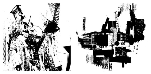 Obraz premium This gritty urban sprawl features a distorted cityscape and. These architectural fragments, or city bones, use a high contrast stencil aesthetic to create a textured scene.