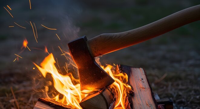 An axe handle resting over a glowing campfire with crackling flames and rising sparks in a forest setting at night for rustic outdoor adventure