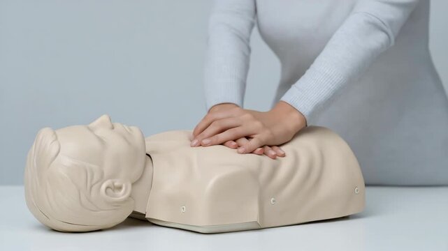 Slow motion closeup of hands performing chest compressions on cpr manikin on training table in clinic