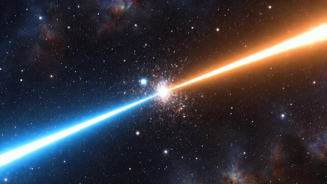 Energetic blue and orange beams collide in a star-filled nebula