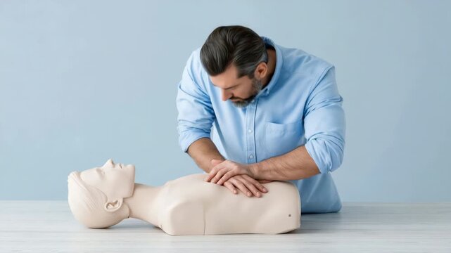 Slow motion tracking shot of man instructor performing chest compressions giving cpr on mannequin on table in training room indoor classroom setting