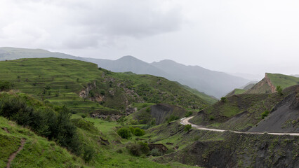 Green terraced hills and mountain valley with a winding dirt road under cloudy sky at the Chokh terraces near Chokh village, Gunibsky District, Dagestan, Russia © TravelFlow