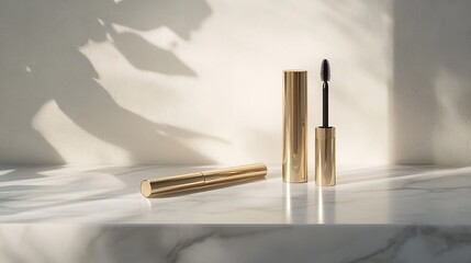 Naklejka premium Gold Mascara Tube and Wand on Marble Surface