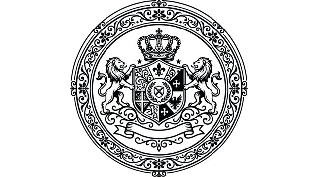 Heraldic crest with crown and lions.