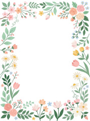 Fototapeta premium Floral border frame decorated with colorful spring flowers and green leaves on a clean white background