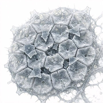 3D scanning electron microscope illustration of jagged nanoplastic particles embedded in human lung cells isolated on white
