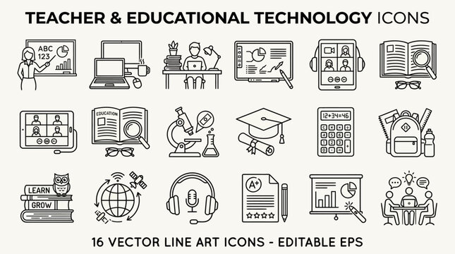 Teacher Educational Technology Icons Set.