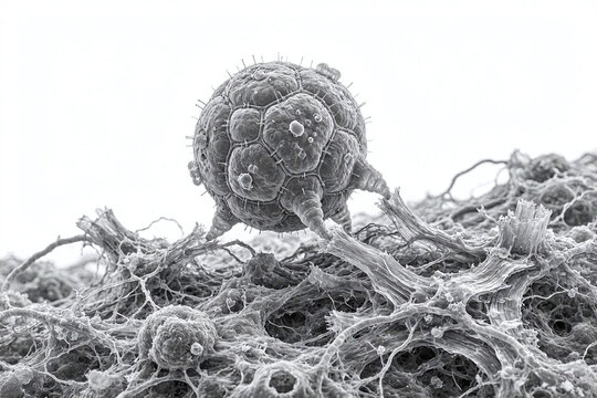 SEM micrograph of spherical biological anthrobot cell cluster