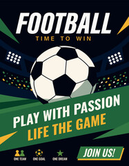 Fototapeta na wymiar Football championship posters. Soccer ball against a stadium and field, with space for text, in a flat style. Modern vector vertical soccer themed banner for sporting events, promotional materials