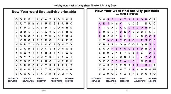 Holiday word seek activity sheet Fill-Word Activity Sheet. Holiday Word Seek Activity Sheet. Printable Fill-Word Puzzle Collection. Vacation and Travel Themed Worksheet
