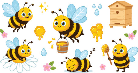 Fototapeta premium Cute Kawaii Honey Bee Character Set with Wooden Hive Dipper Honeycomb Bucket Flower and Sleeping Insect for Beekeeping Vector Illustration
