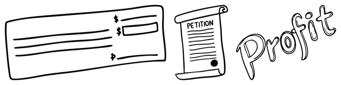 Playful doodle set featuring a bank check, also known as a pay slip, alongside a formal petition document and the word profit written in stylized lettering.