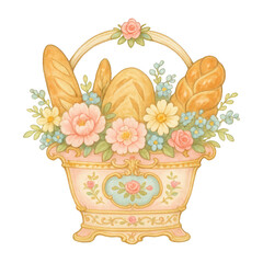 Obraz premium PNG Vintage floral bread basket illustration.