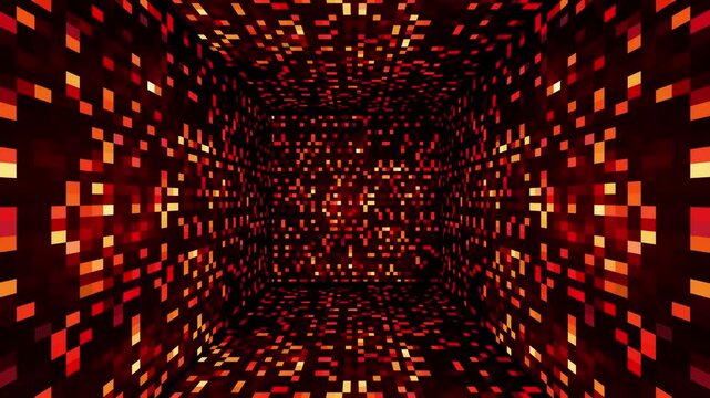 Abstract retro voxel data tunnel background with glowing red and orange pixel lava matrix