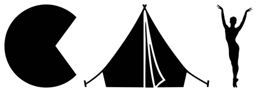 Collection of solid black shapes including a moon, a simple teepee tent, and a graceful dancer. This set features a celestial orb, a wilderness shelter, and a lithe performer.