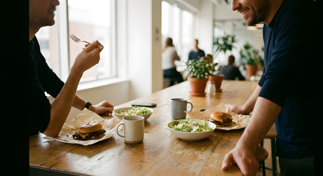 Coworkers sharing burgers and salad at wooden office table